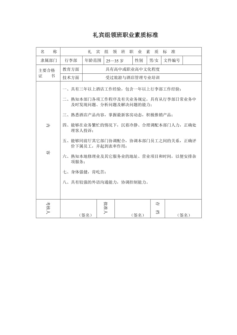 酒店礼宾组领班职业素质标准_第1页