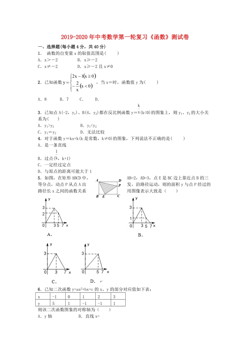 2019-2020年中考数学第一轮复习《函数》测试卷.doc_第1页