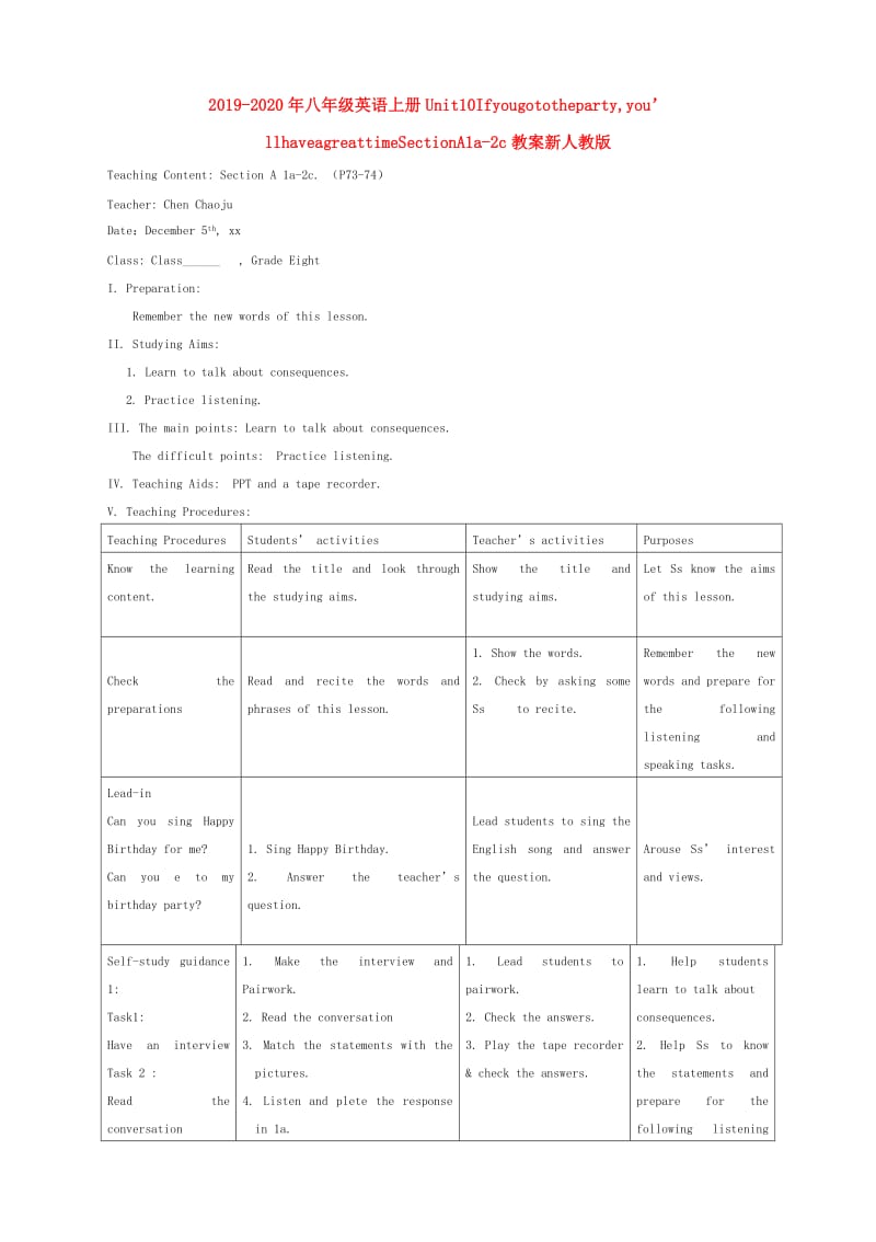 2019-2020年八年级英语上册Unit10Ifyougototheparty,you’llhaveagreattimeSectionA1a-2c教案新人教版.doc_第1页