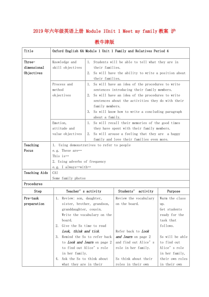 2019年六年级英语上册 Module 1Unit 1 Meet my family教案 沪教牛津版.doc_第1页