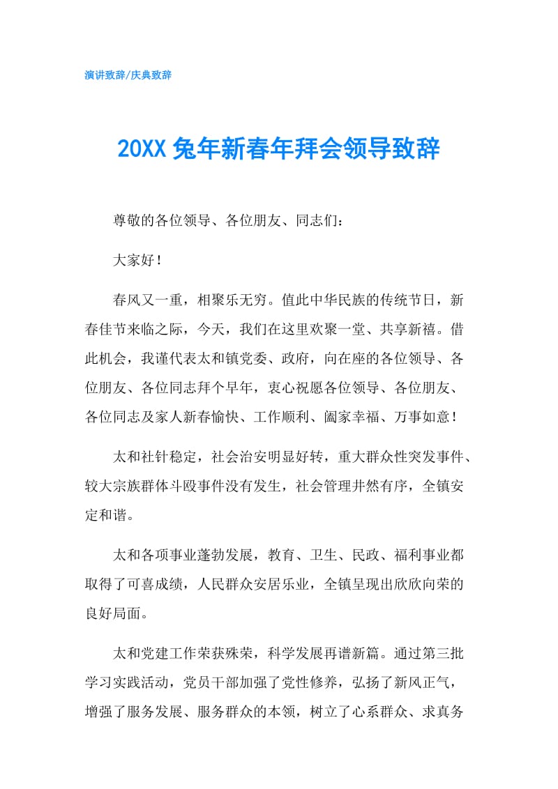 20XX兔年新春年拜会领导致辞.doc_第1页