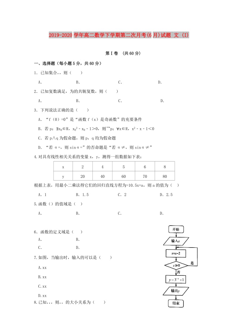 2019-2020学年高二数学下学期第二次月考(6月)试题 文 (I).doc_第1页