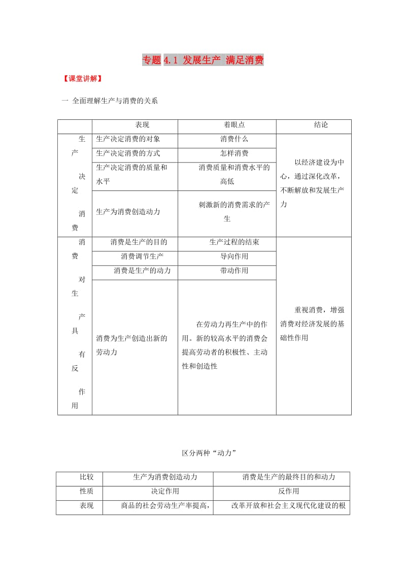 2018-2019学年高中政治 专题4.1 发展生产 满足消费（讲）（基础版）新人教版必修1.doc_第1页