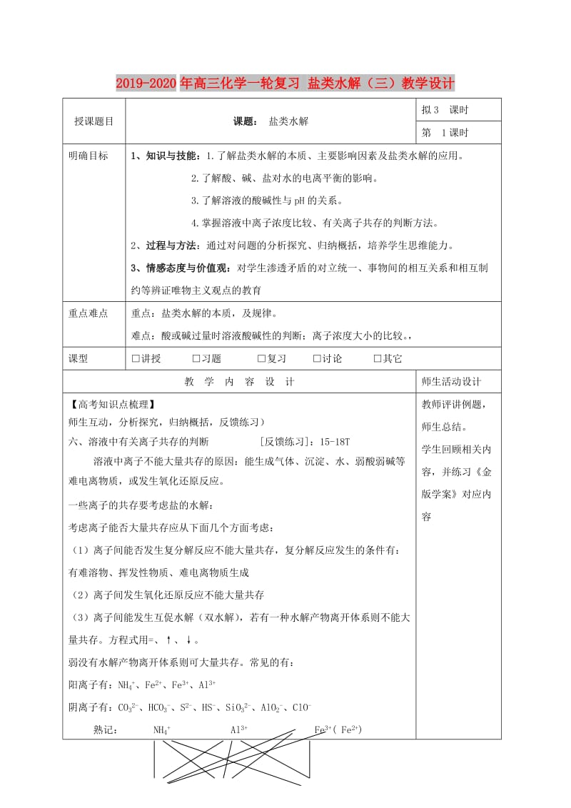 2019-2020年高三化学一轮复习 盐类水解（三）教学设计.doc_第1页