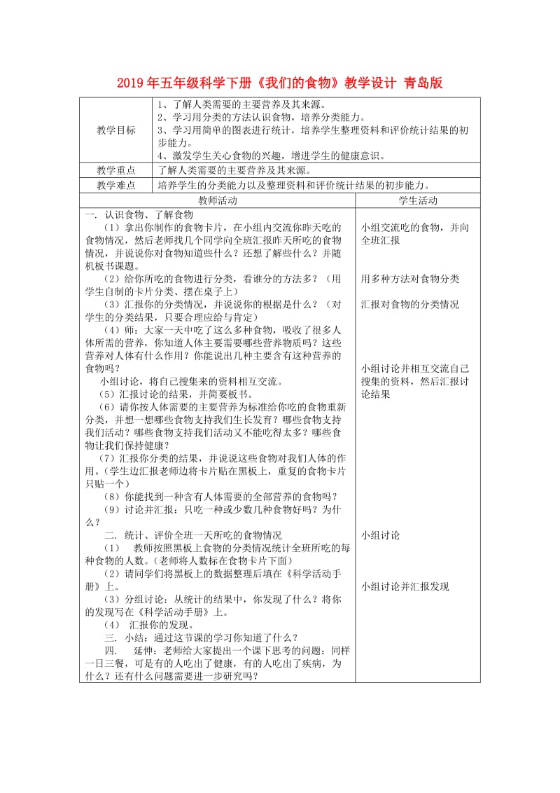 2019年五年级科学下册《我们的食物》教学设计 青岛版.doc_第1页
