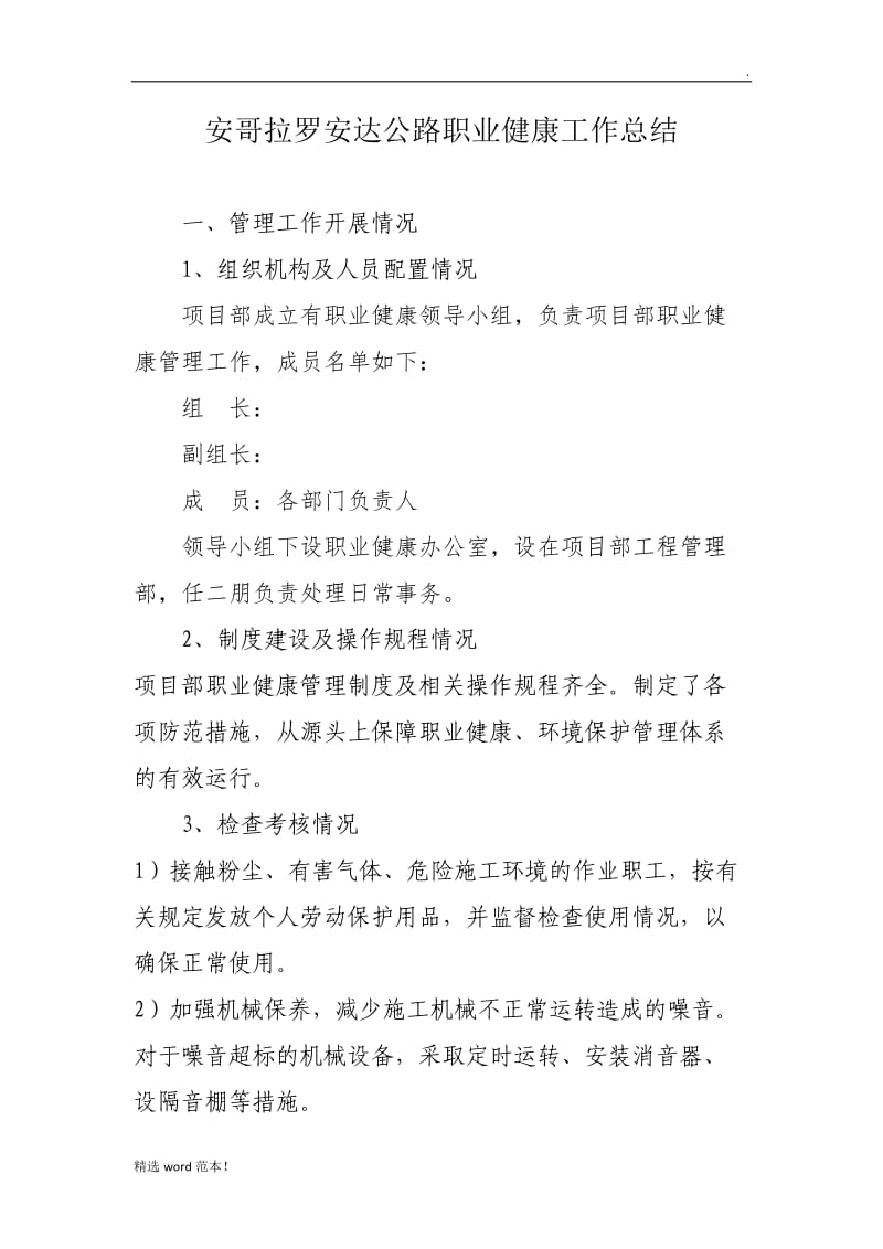 工程施工项目部职业健康工作总结.doc_第1页