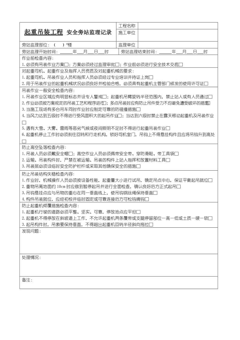 起重吊装安全旁站记录.doc_第1页