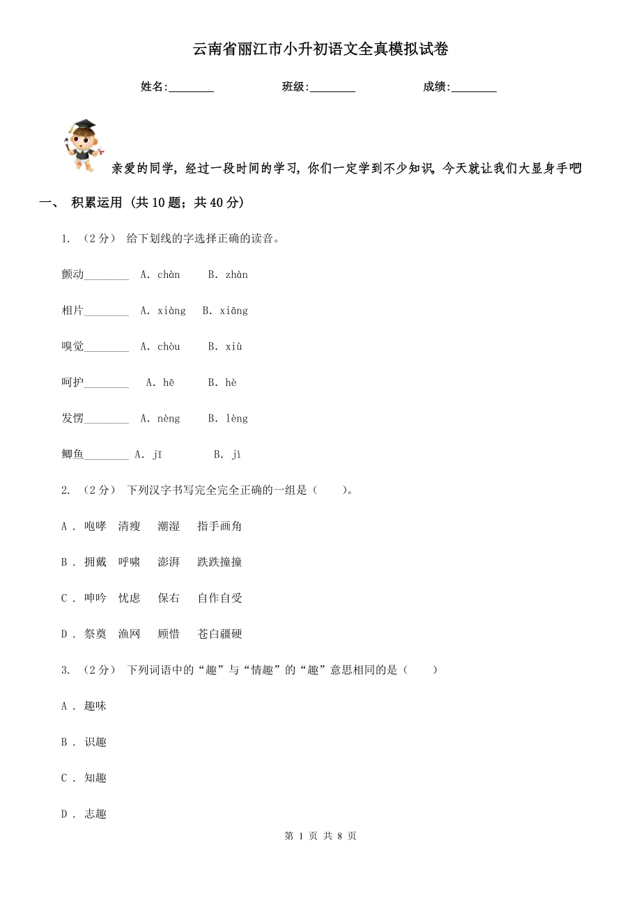 云南省丽江市小升初语文全真模拟试卷_第1页