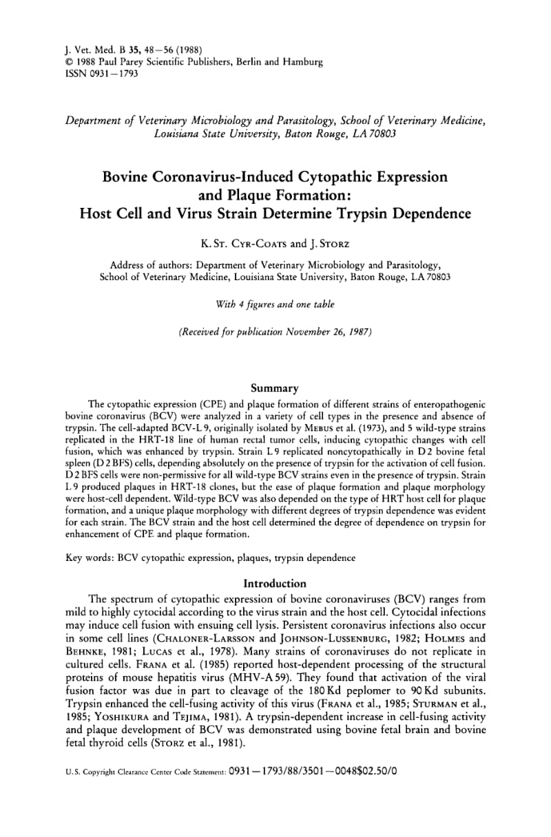 【病毒外文文獻】1988 Bovine Coronavirus-Induced Cytopathic Expression and Plaque Formation_ Host Cell and Virus Strain Determine Trypsin