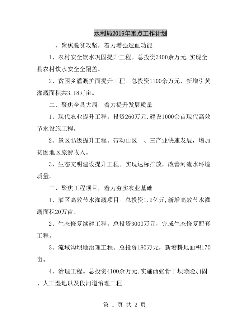 水利局2019年重点工作计划_第1页