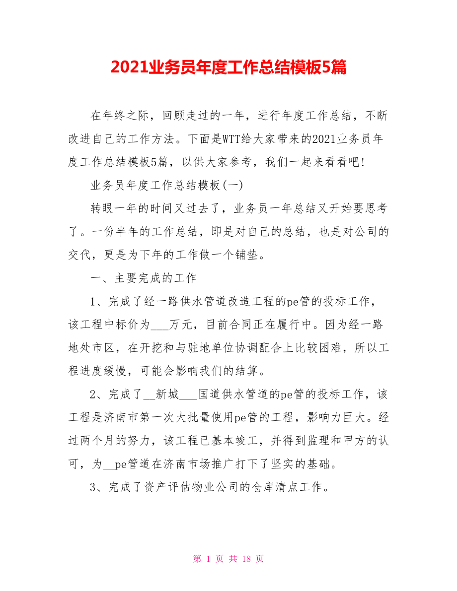 2021业务员年度工作总结模板5篇_第1页