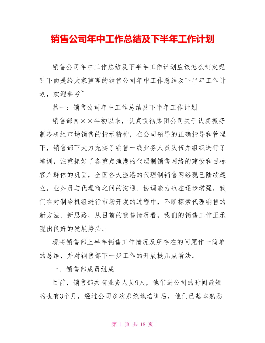 销售公司年中工作总结及下半年工作计划_第1页