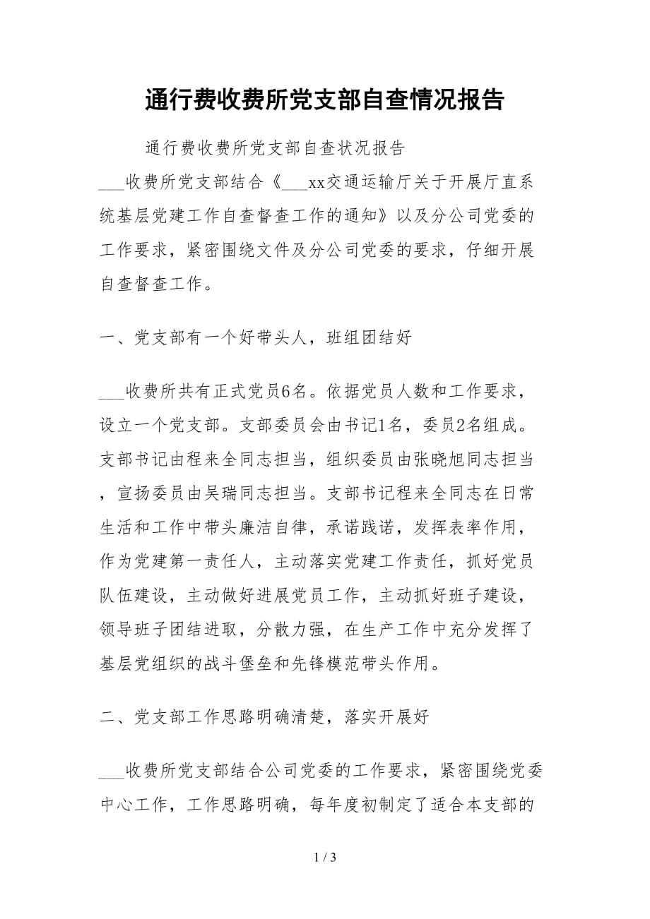 2021通行费收费所党支部自查情况报告_第1页
