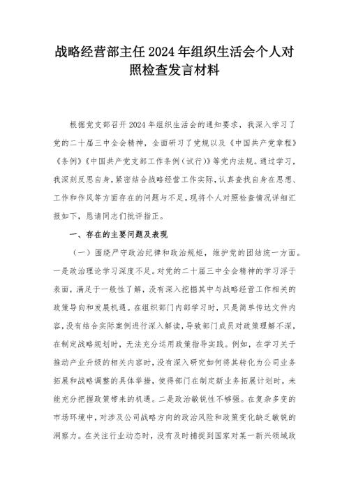 戰(zhàn)略經(jīng)營部主任2024年組織生活會個(gè)人對照檢查發(fā)言材料